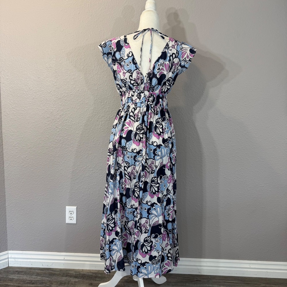 NWT LOFT Beach Women's Size XS Navy Blue Floral Smocked Maxi Dress - Picture 2 of 11